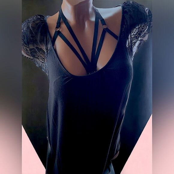 2-piece l Layering Strings l O-Ring String Bra l Black Lace Nipple Covers l New - Picture 5 of 9